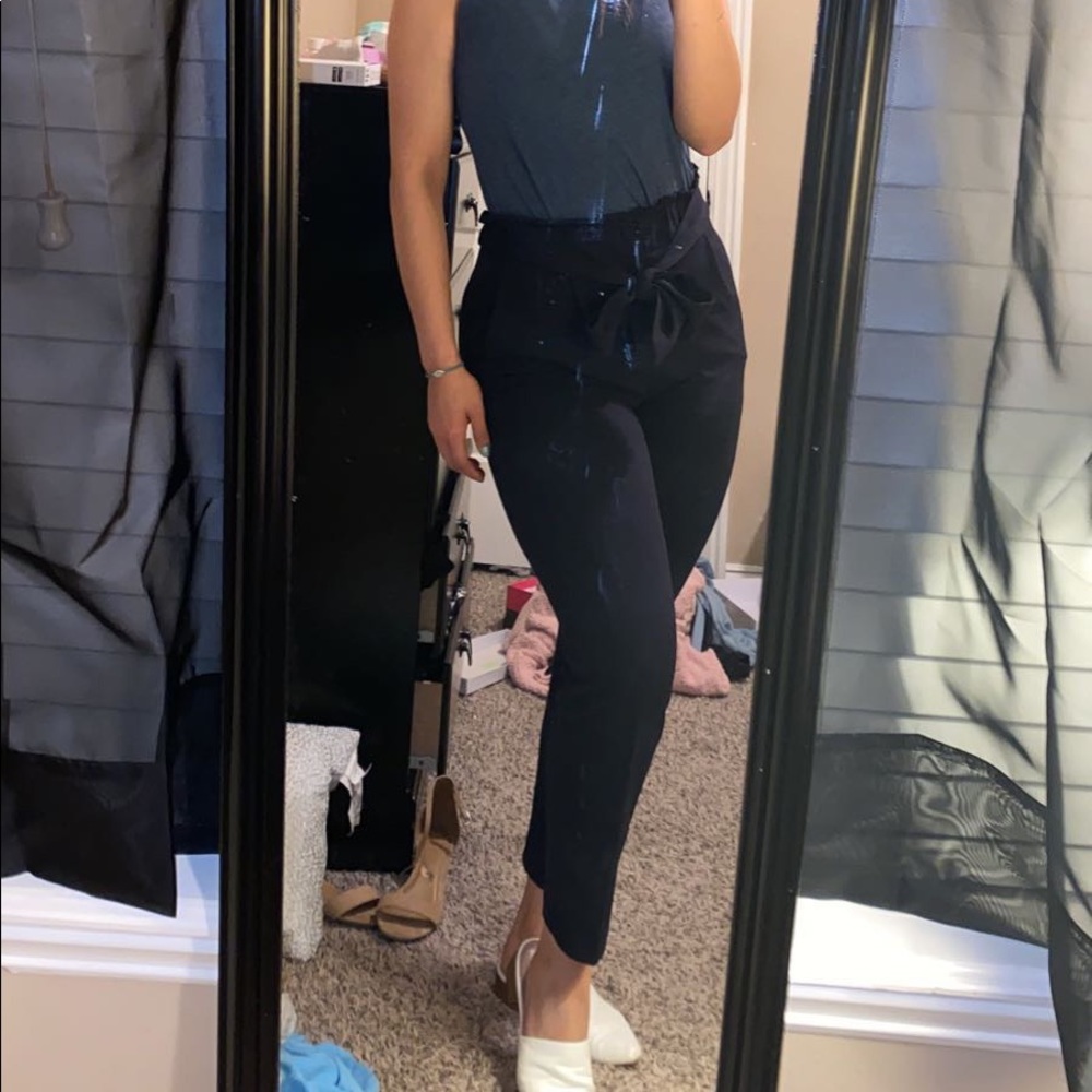 Navy Bow Belt Paper Bag Pants